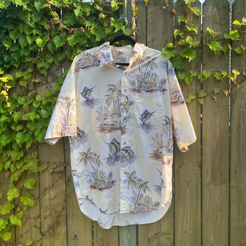 Vintage yellow fishing & car print dad shirt